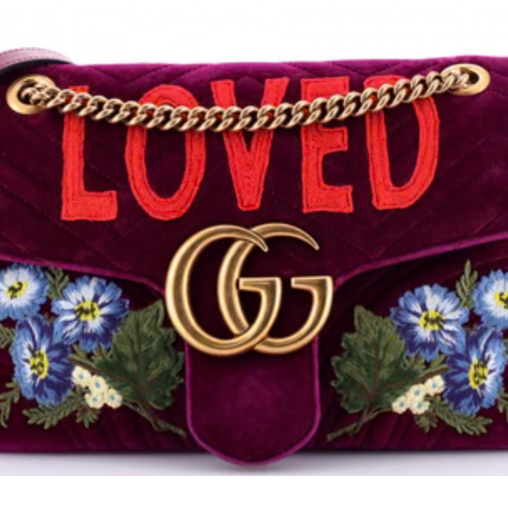 Gucci Burgundy Velvet Bag with Gold Chain and Floral Embroidery